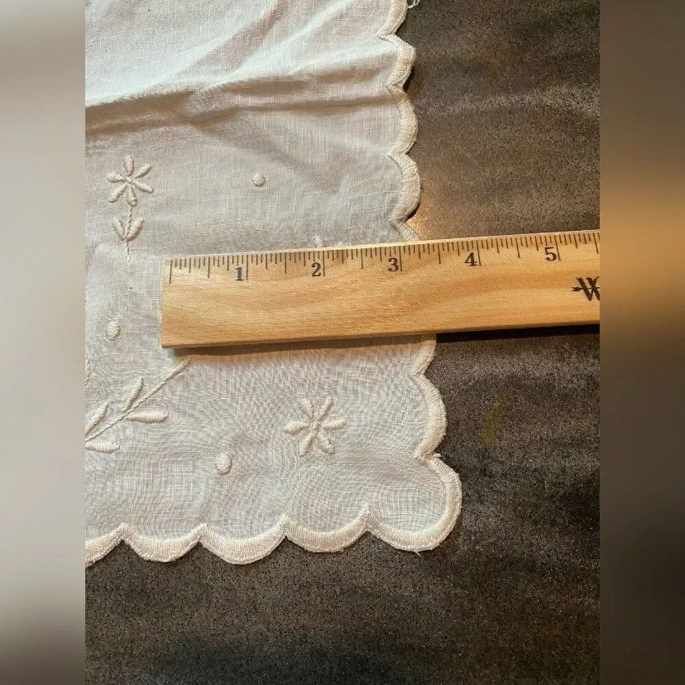 Vintage Table Scarf Runner White Linen Blend Embroidered 11” X 15”